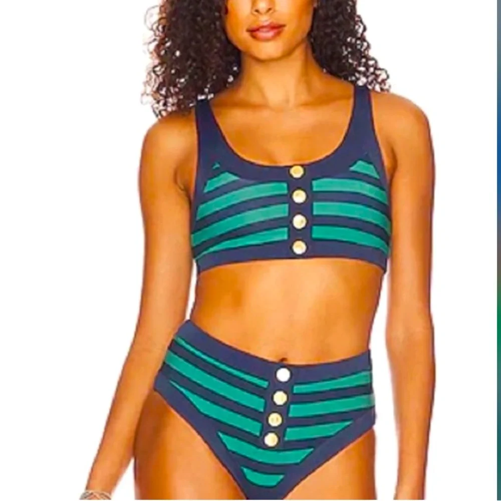 💙💚 SET Beach Riot Bikini SET Striped High-Waist Bikini with Gold Buttons